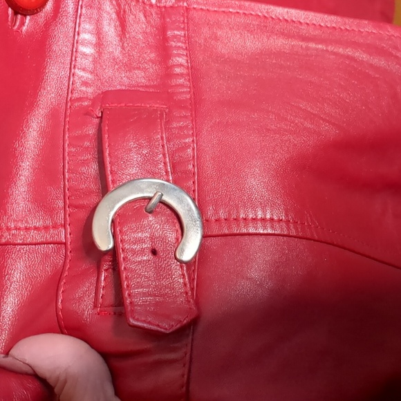 ELENA by FERME* red leather trench button front 2pkt white accent stitching sz M - Picture 8 of 17